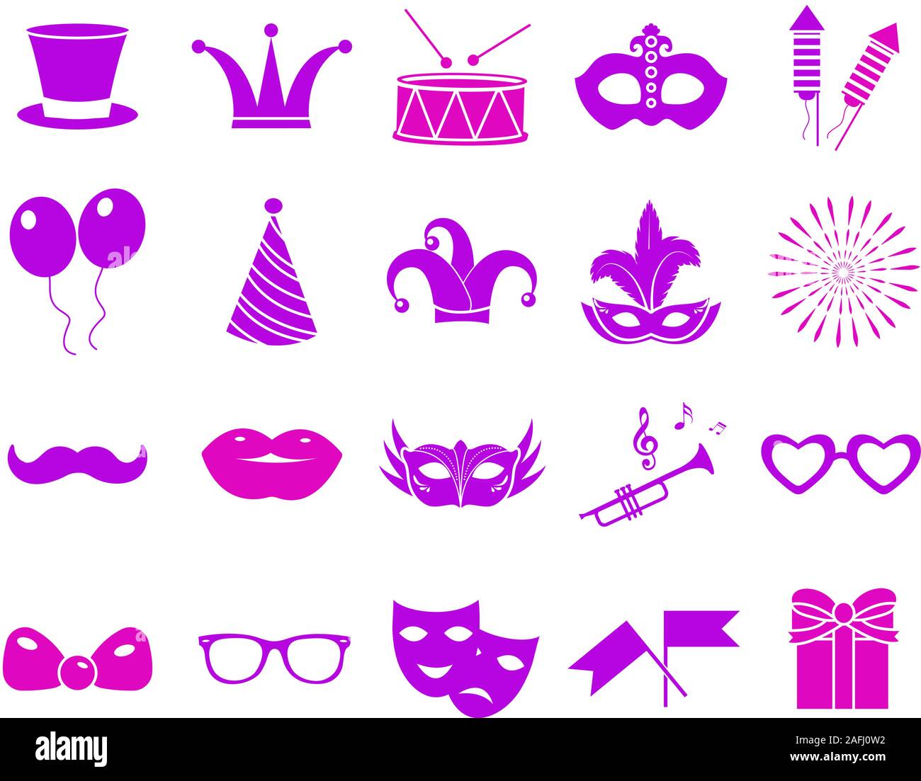 Karneval Icon Set, neon Silhouette. Party, Masquerade collection Zeichen, Symbole, auf weißem Hintergrund. Vector Illustration Clip-art Stock Vektor