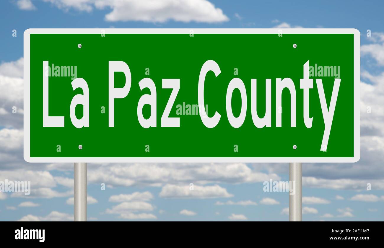 Rendering von einem grünen 3d Autobahn Zeichen für La Paz County Stockfoto