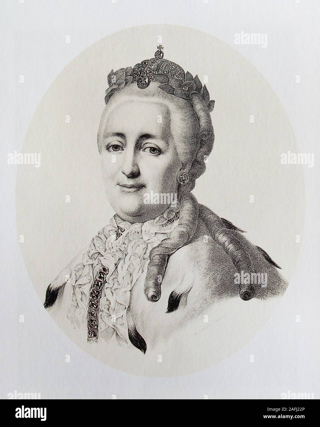 Die russische Kaiserin Katharina II. Lithographie von der Mitte des 19. Stockfoto