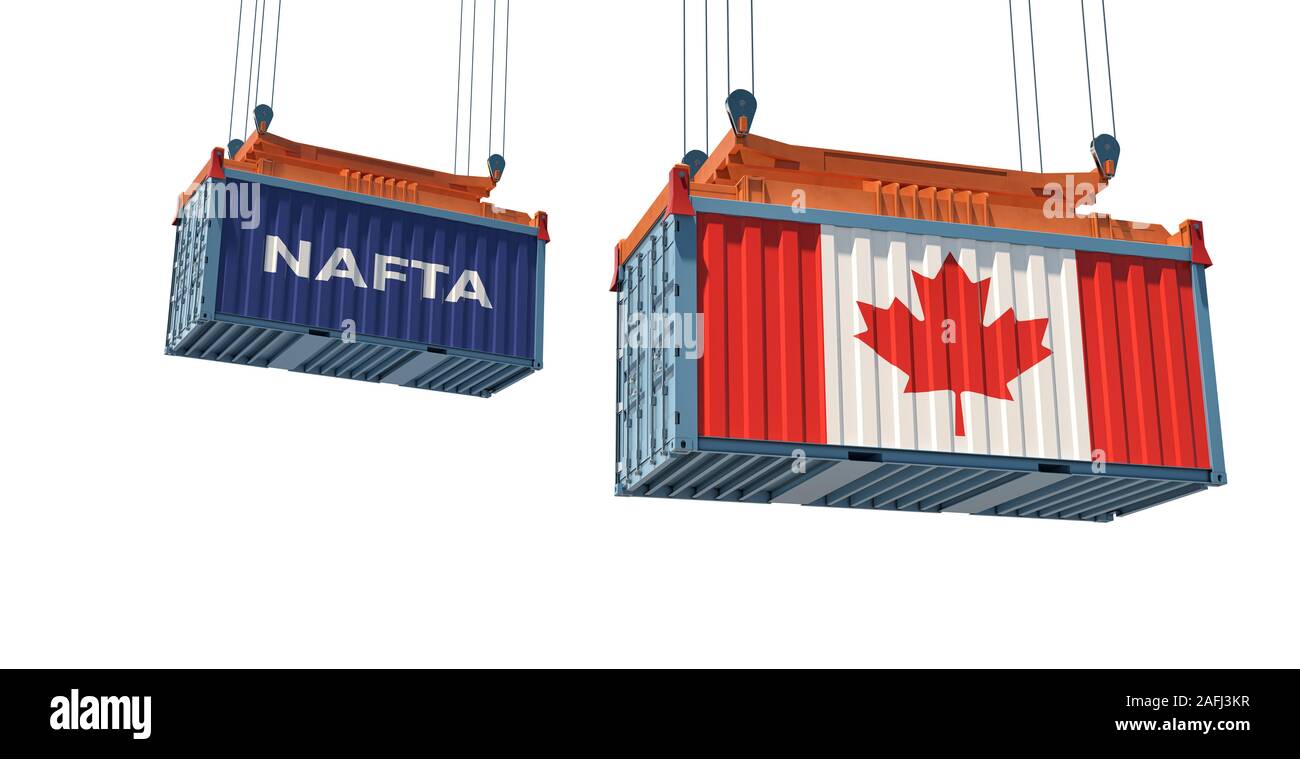 Ein Frachtcontainer mit Kanada Nationalflagge und eine mit dem Wort NAFTA North American Free Trade Agreement - 3D-Rendering Stockfoto