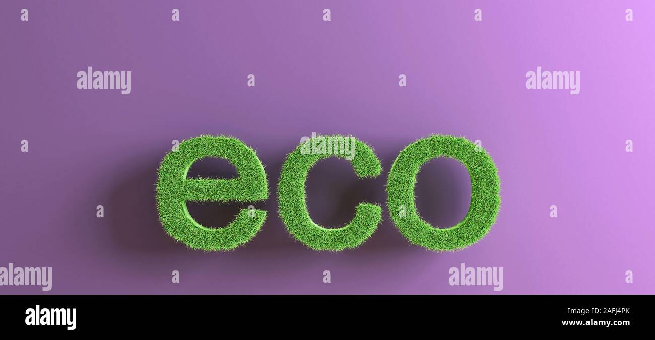 Wort Präfix eco aus Gras auf hell-lila Hintergrund, Konzept der Ökologie, Konservierung, ökologische Produktion, 3D-Rendering, 3D-Darstellung Stockfoto