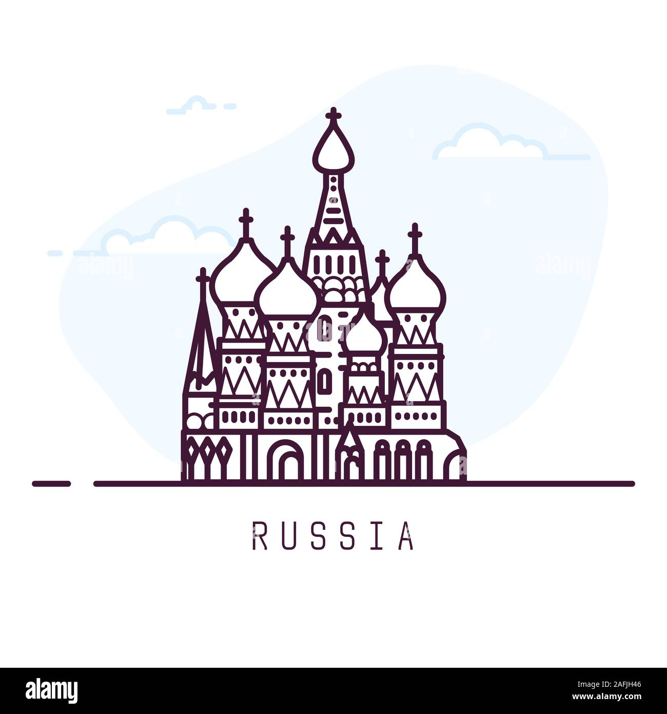 Russland city line style Abbildung. Berühmten Basilius-Kathedrale auf dem Roten Platz in Moskau. Architektur Symbol der von Russland. Überblick Gebäude. Sky c Stock Vektor