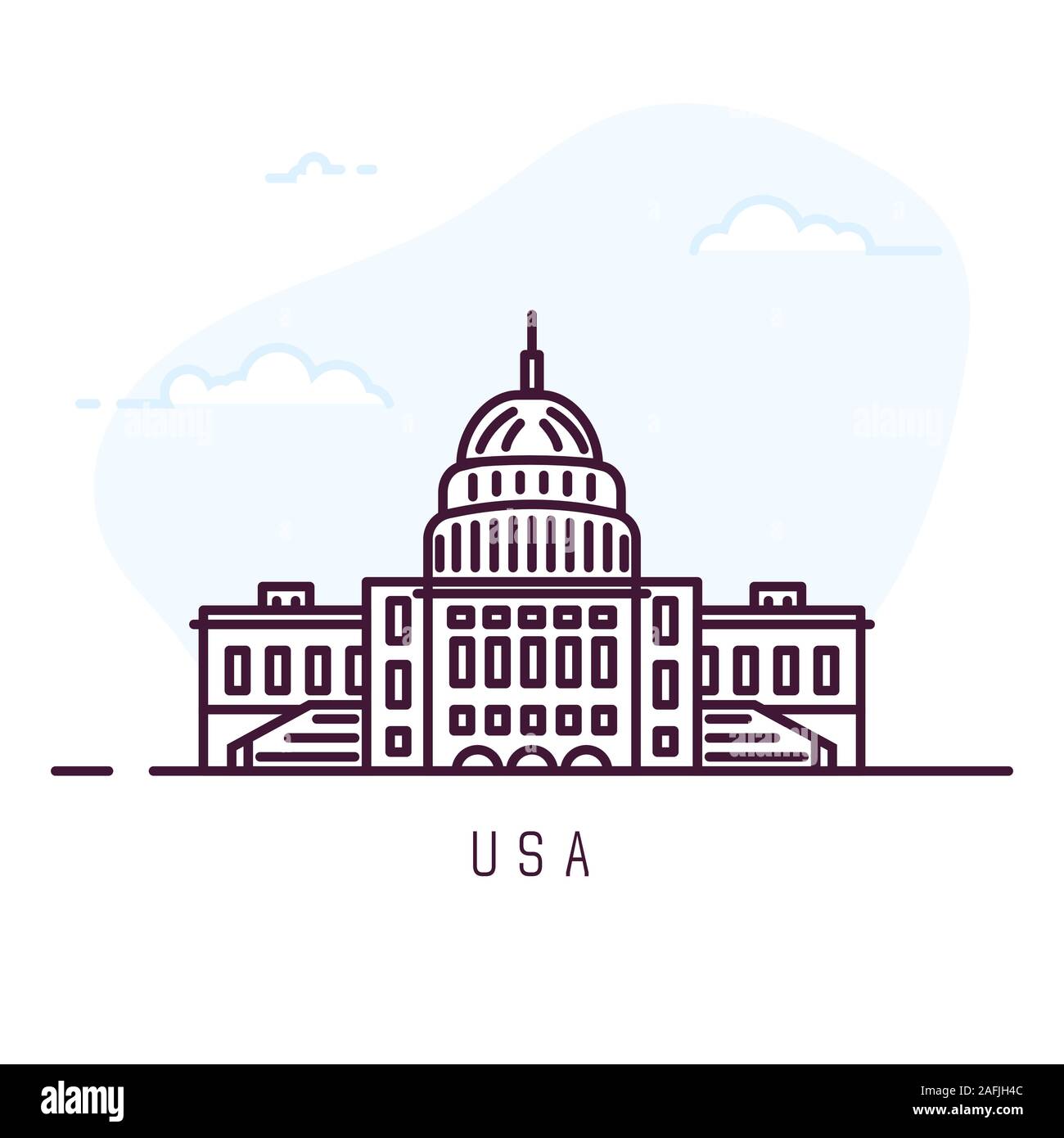 Vereinigte Staaten von Amerika Stadt Linienstil Abbildung. Berühmte Capitol Building. Architektur Stadt Symbol der Staaten. Überblick Gebäude. Himmel Wolken auf Ba Stock Vektor