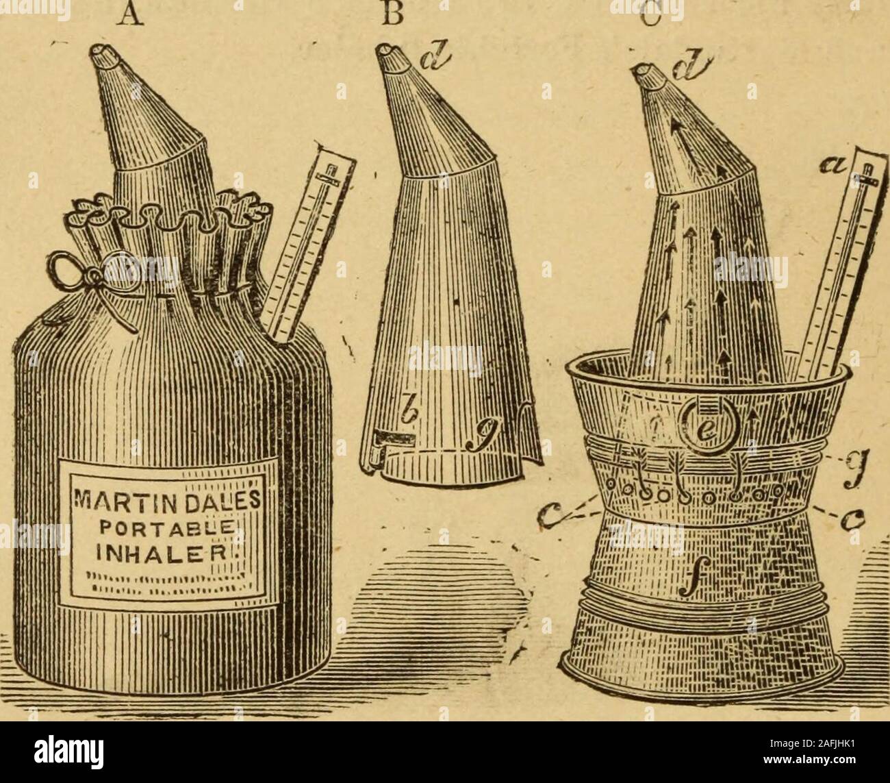 . Die pharmakopöe der Klinik für Erkrankungen der Hals und Brust (Golden Square): auf der Grundlage der britischen Arzneibuch. Farren Krankenhaus Inhalator besteht aus einem strongstoneware Kanne mit einem Metall Deckel (A) mit whichis ein Indien - Gummiband, dass thelid auf die Kanne befestigt ist, angebracht. In diesem Deckel sind zwei Öffnungen, von denen die intoone Rohr mit mouthpiecefor Inhalieren eingefügt ist, wie in der Platte ein, und in die otherthe Thermometer dargestellt. Der Korken in removedfrom des Auswurfkrümmers (im Körper der Kanne gezeigt), gewesen. 68 FORMELN VAPORES. erforderlichen Mengen von Ausgabe 1 Wasser und medicamentare poure Stockfoto