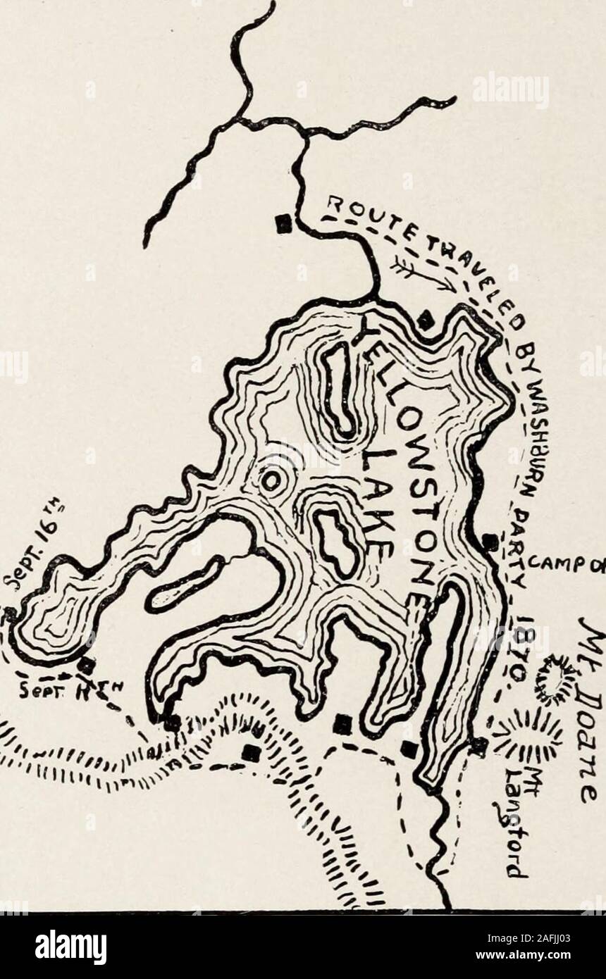 . Tagebuch der Washburn Expedition zum Yellowstone und Firehole Flüsse im Jahr 1870. MAI * der Yellowstone Lake, wie zwischen 18 g0 und 1870 bekannt. Von der Karte von Raynolds Expedition von 1860. Die Schritte so schnell wie möglich, und bei Erreichen der Basis ofthe Mountain, schlug heraus für den See, Auflösen von Strand beachtensie, im Vertrauen darauf, dass unsere Partei ihr Lager auf 64 Washburn Yellowstone Expedition von 1870 gemacht hatte. V&lt;^. - ICAMPoP Sew-Yc?^ MAr des Yellowstone Lake. Kopie der ursprünglichen Kontur gezeichnet von Nathaniel S. Langford von der Spitze des Mount Langford, Sept. 7, 1870, Sept. 10 abgeschlossen. Stockfoto