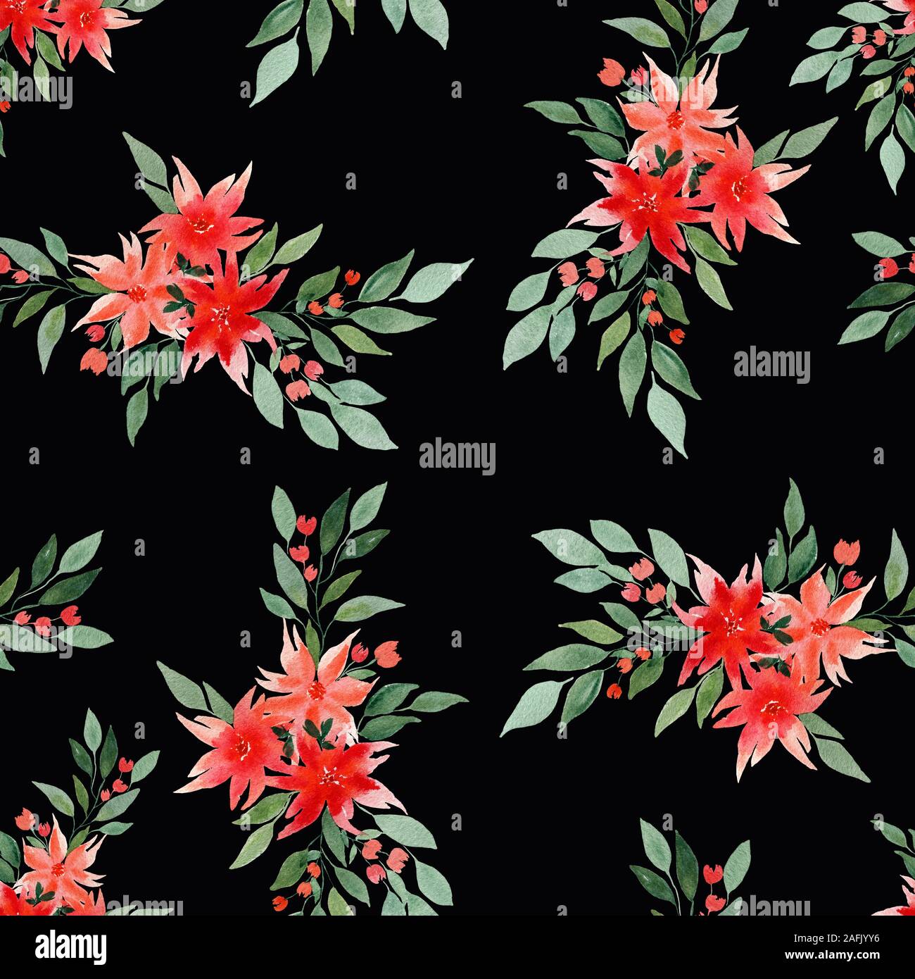 Nahtlose wiederholen floral background mit rot und orange Blumen auf Schwarz, Aquarell Blumenstrauß nahtlose Muster Stockfoto