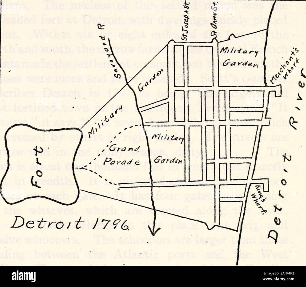 . Die historische Geographie von Detroit. Creek), auf dem er settledin 1792. Im gleichen Jahr dreißig - acht kleine tractswere siedelten entlang des Flusses Rouge und am Punkt auTremble. 1782 19 Familien auf dem Land ad beigelegt - jacent von Sinclair, und im nächsten Jahr twentyfamilies in der Nähe angesiedelt. 1784 Hundert andtwenty - eine Familien angesiedelt auf dem Fluss mit Rosinen, und im Jahr 1786 Francois Pepin gekauft 3000 acreson der La Riviere Aux Roches. Andere Landstriche wurden takenup.^^ McNiff sagt, daß, wenn Siedler kamen aus Thestates, statt auf Ödland von thetown sind Sie tol platziert werden Stockfoto