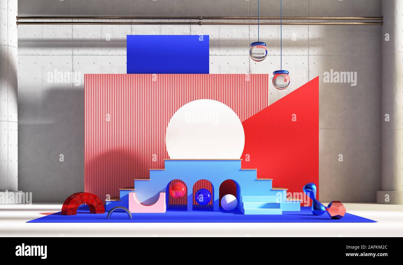 Abstinenz Szene zur Produktpräsentation. Primitive Komposition in Rot und Blau Tönen. 3D-Rendering Stockfoto
