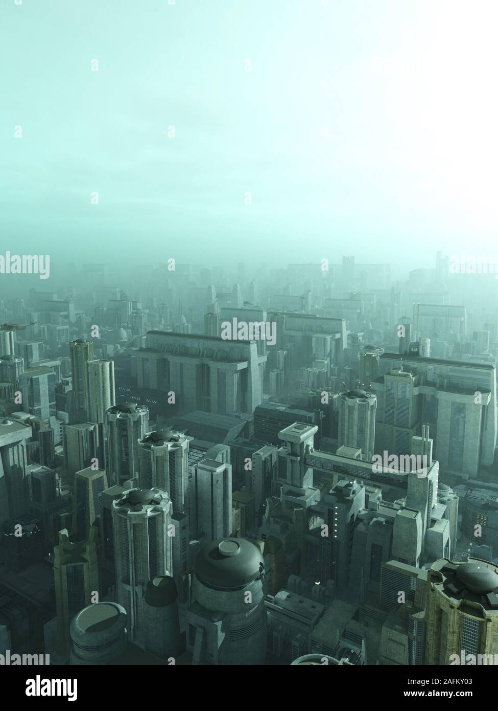 Future City Skyline in Blue Haze oder Smog Stockfoto