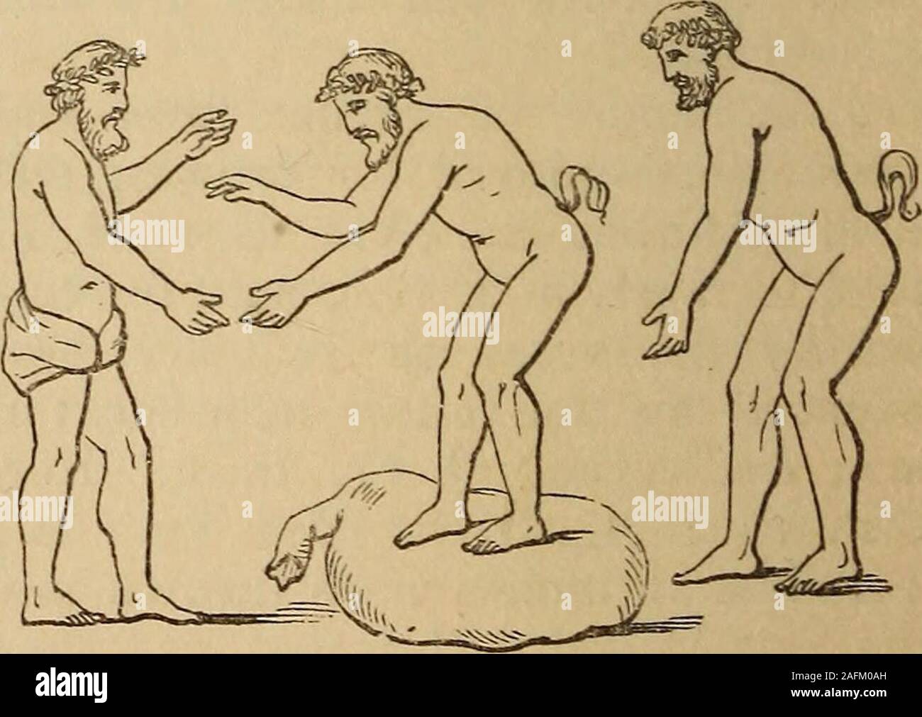. Die in der Abbildung dargestellte Begleiter für das Lateinische und Griechische Wörterbuch Lexikon; ein Glossar aller Wörter, die sichtbare Objekte mit der Kunst verbunden, produziert, und den Alltag der Griechen und Römer, mit Darstellungen von fast zwei Tausend Objekte aus der Antike. Nicht. s. Cupa, S. 544.), und die aus ihm cupsfilled, in der Art und Weise shownby der beigefügten Abbildung, aus apainting in Pompeji, die representsa Weiblich gießen Wein aus einem skininto ein cantharus von silen. 3. Uterunctus. Eine Ziege - Haut, greasedon Außen und mit Luft aufgeblasen, die die ländliche populati Stockfoto