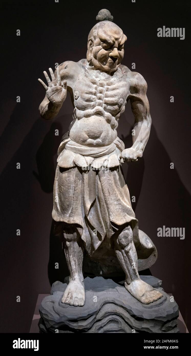 Buddhistische guardian Statue. Schließen-mouthed Guardian King (Nio, Ungyo), Japan, Präfektur Shiga, Kamakura-Zeit (1185-1333), Kastanie und Zypressenholz. Statue im Cleveland Museum of Art, Ohio, USA Stockfoto