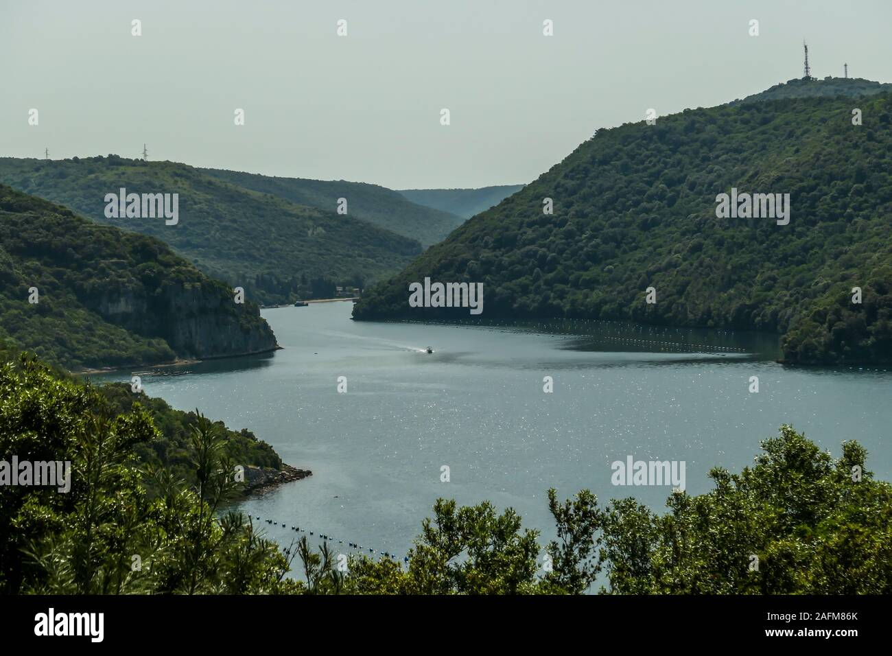 Ein sneak Peak auf eine Küstenlinie von kroatischen Fjord. Ein Blick auf den Fjord durch die Krone der Bäume. Steile Hänge hinunter geht ans Wasser. Uhr Stockfoto