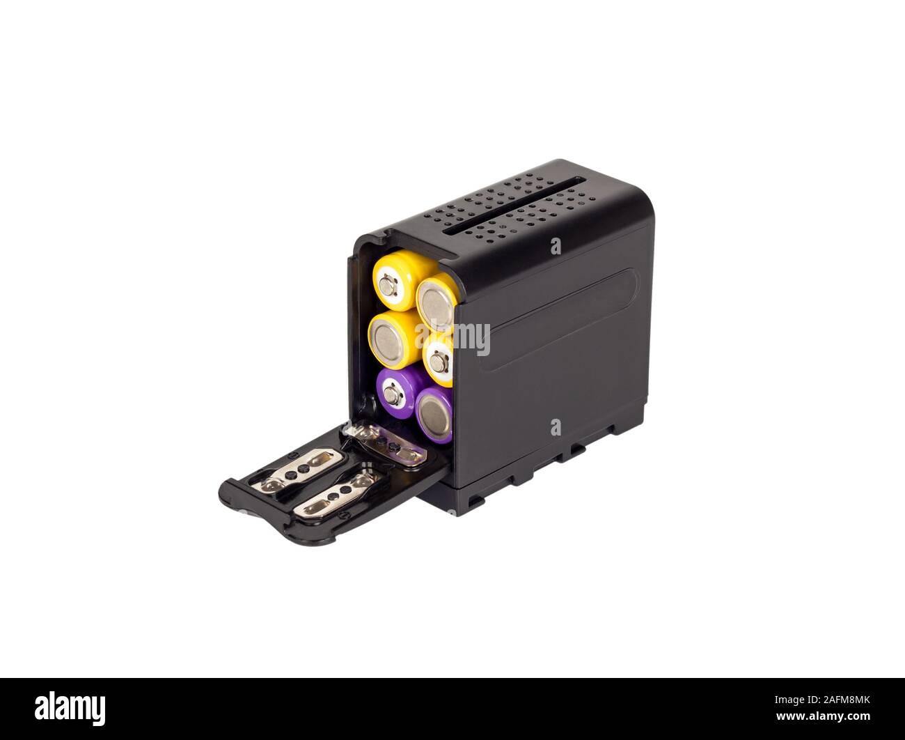 Batteriehalter für die Kamera. Batterie Gehäuse. Auf weissem Hintergrund. Stockfoto