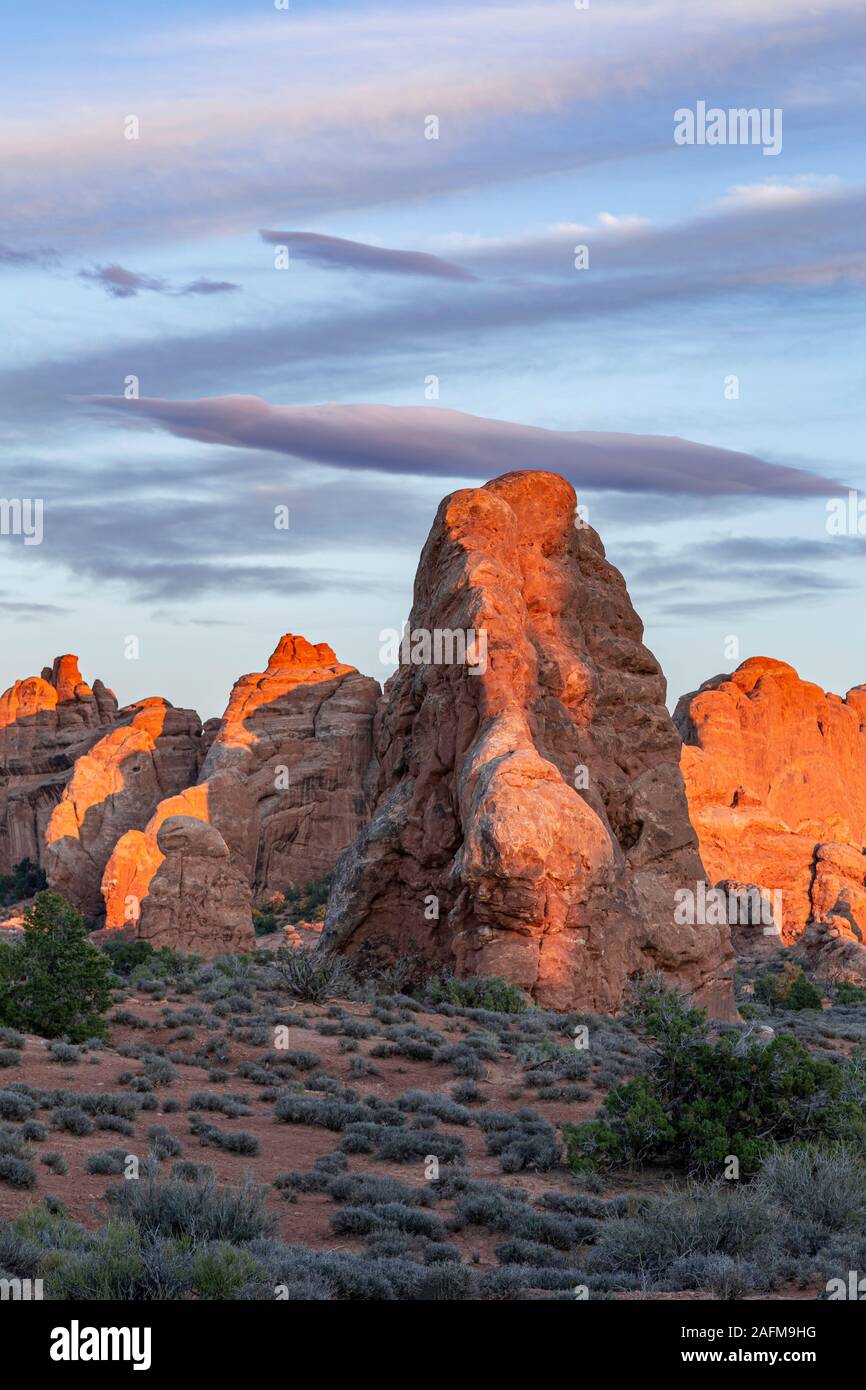 Sandstein Felsformationen hinter den Fenstern Abschnitt, Arches National Park, Moab, Utah USA Stockfoto