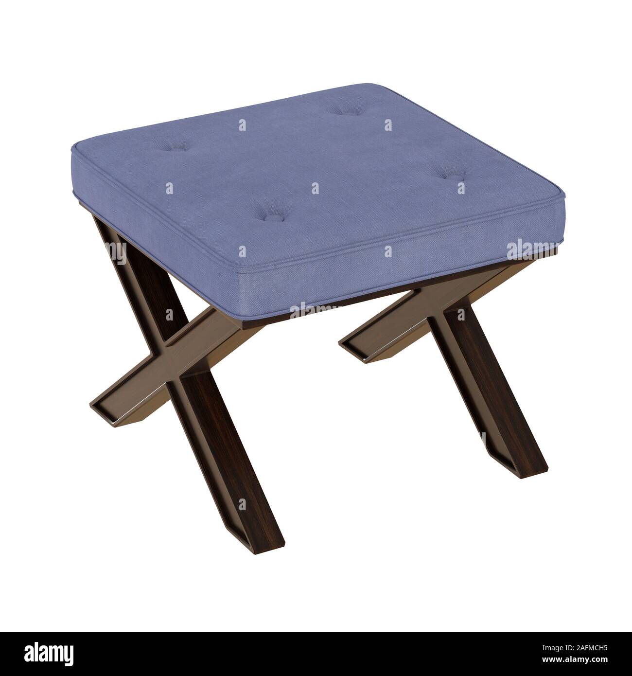 Die gesteppte grau-blauen Puff auf hölzernen Beinen auf weißem Hintergrund. 3D-Rendering Stockfoto