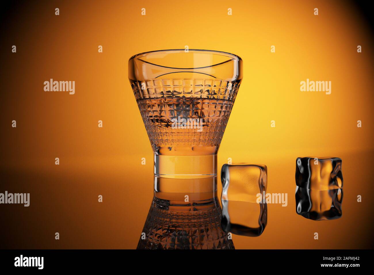 Platz Whisky Flasche, Glas und Eiswürfel 3D-CGI-Render, Loopfähigen nahtlose closeup Stockfoto