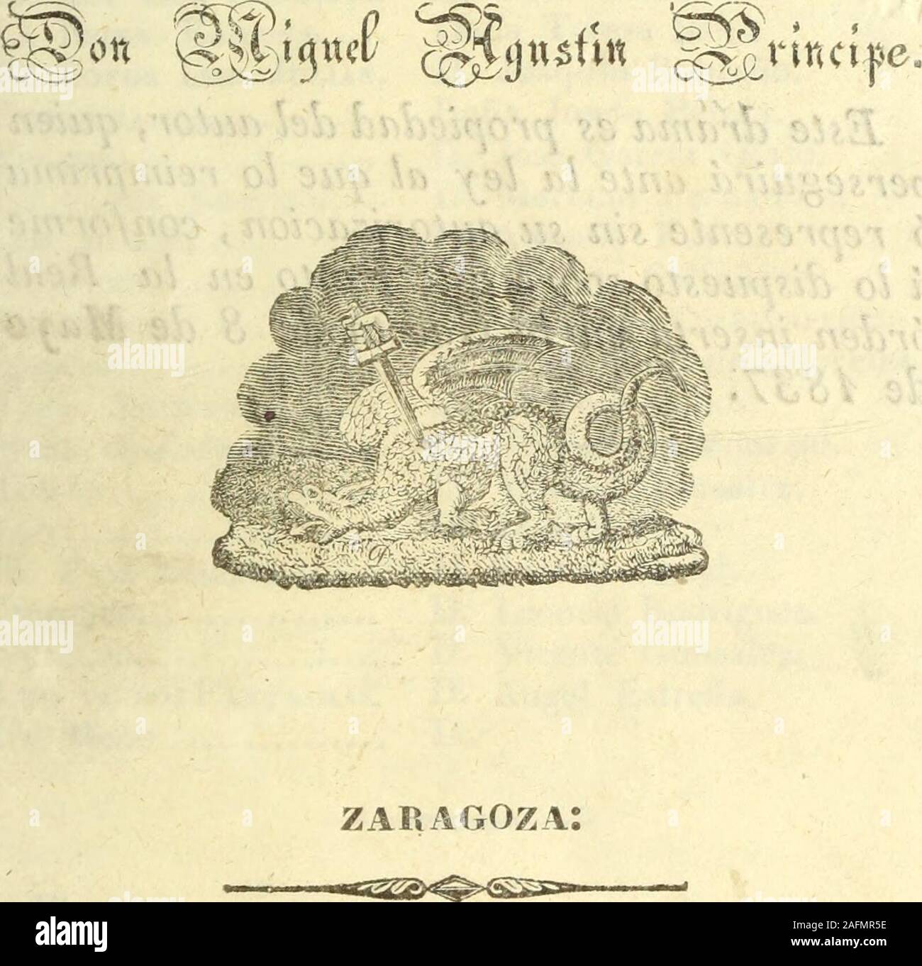 . El Conde Don Julian, Drama original é Histórico, en siete Cuadros y en verso. Imprenta de la calle del Coso Mun. 116. Ein Cargo de Don M. Peiro. = Febrero de 1839, Este drama es propiedad del Autor, quienperseguirá ante la Ley al que Lo reimprimaó represente Sünde su autorización, conformeá Lo dispuesto sobre este Punto en la Realorden einsetzenund en la • • • • de 8 de Mayode 4837. Este drama se Primera vezen ejecutó por el Teatro de Zaragoza, La noclu del 18 de November de 1838, distribuyéndose lospapeles entre los Actores cjue se espresan ácontinuación. Persönlichkeiten. Actores. El Rey Don Rodrigo. La R Stockfoto