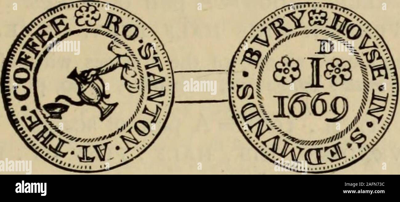 . Handel Token im 17. Jahrhundert in England, Wales und Irland. ame Familie, war Stadtrat 1676-7 und war inSt begraben. Jamess Kirche. Sein Grab trägt folgende Inschrift: Hier lyeth Ihr Körper von Robert Scharf, Gent, der eine war der Frieden habet Ausma§ der Borough nahe 40 Jahren, starb ihr 17. Februar, 169 I. 76. O. FRANCES. SMITH = 1666. E. IN. ST. EDMONDS. BVRY=IN SVFFOLK. J Francis Smith war ein Chief burgess der Stadt im Jahr 1660. 77. O. George. stanard. In = eine Aussicht auf ein Markt-Haus. R. st. Edmonds. bvry = g. s. Mint-mark-einem Vollerblühten rose. 78. Einen reichlichen) w Stockfoto