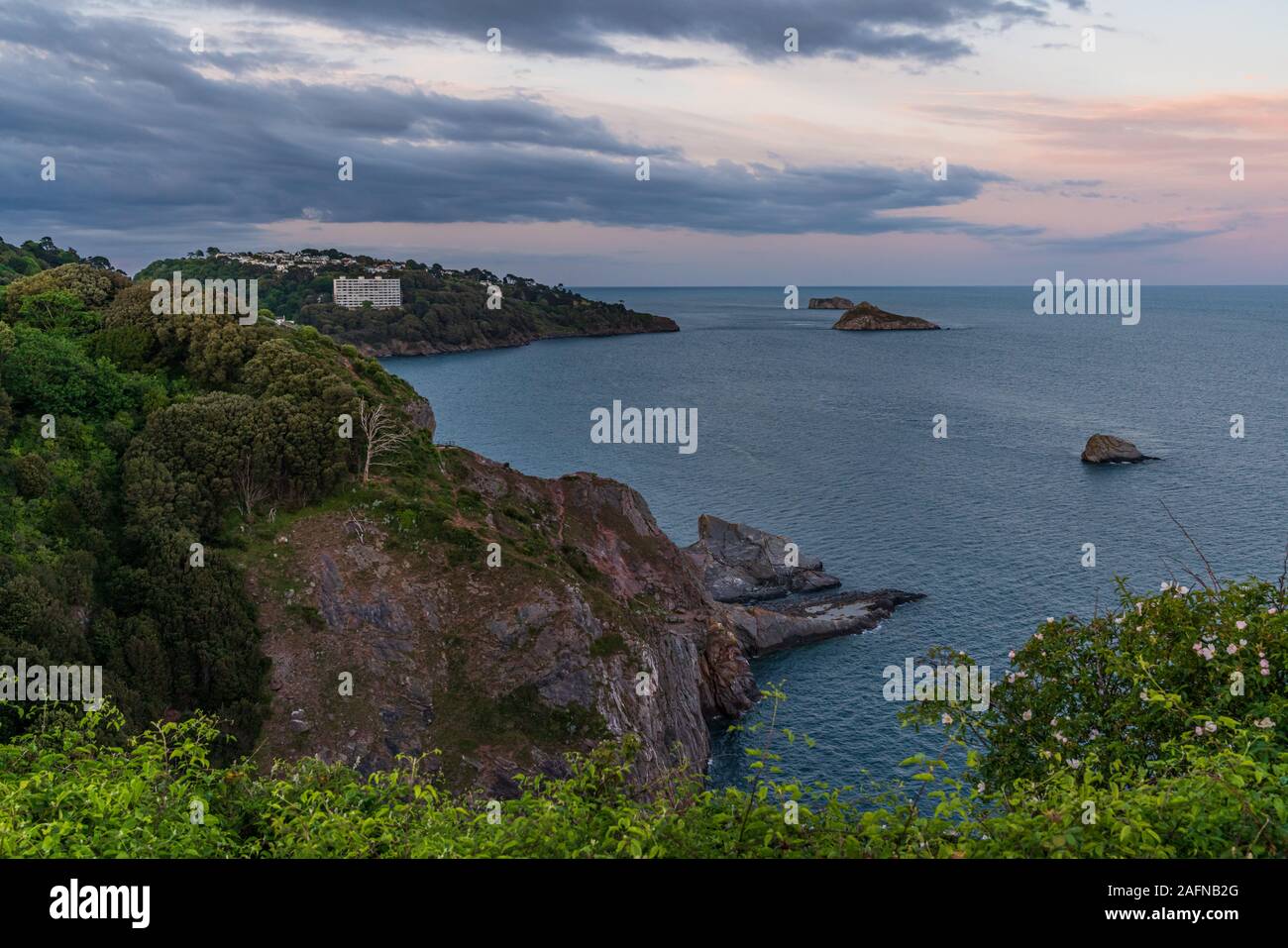 Abendlicht über Daddyhole Cove, mit einem Blick über die Klippen, das Meer und Thatcher's Rock in Paignton, Torbay, England, Großbritannien Stockfoto