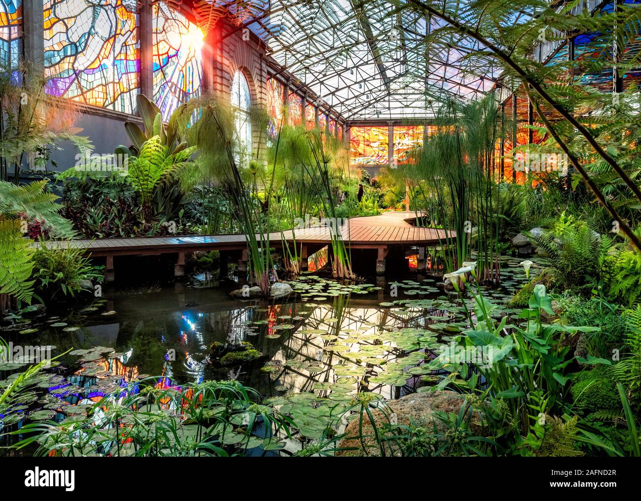 Sonnenstrahlen ein Teich und die Glasfenster der Cosmovitral Botanische Gärten, Toluca, Mexiko beleuchten. Stockfoto