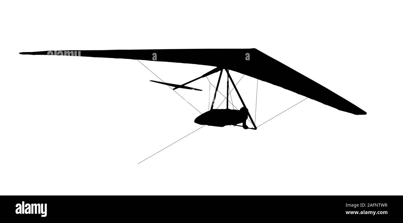 Hängegleiter Flügel und Pilot Silhouette auf Weiß mit Freistellungspfad isoliert. Vorlage für extreme Sport Logo, Zeichen, Zeichnung Stockfoto