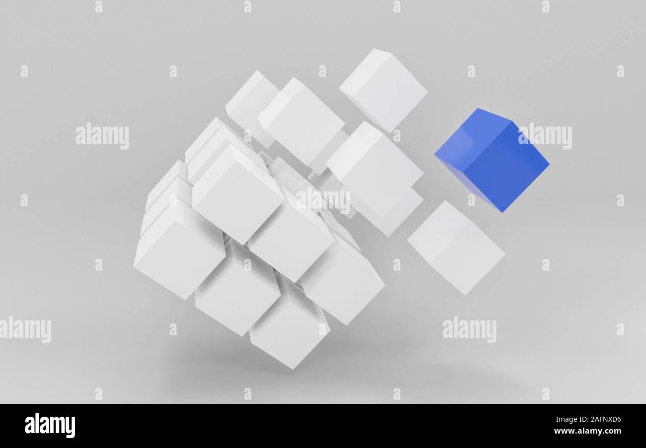 Weißen und Blauen fliegenden Würfel und Kartons, vor weißem Hintergrund abstract 3 render Abbildung Stockfoto