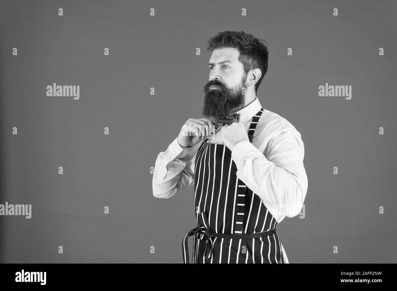 Krawatte perfekt passt. eleganten Bankett Küche. Zuversichtlich Barkeeper. Männliche kochen. bärtiger Mann Koch. brutale Kellner auf Küche. reifer Mann Bart roten Hintergrund. Qualifizierte Diener. hipster Kochen in Uniform. Stockfoto