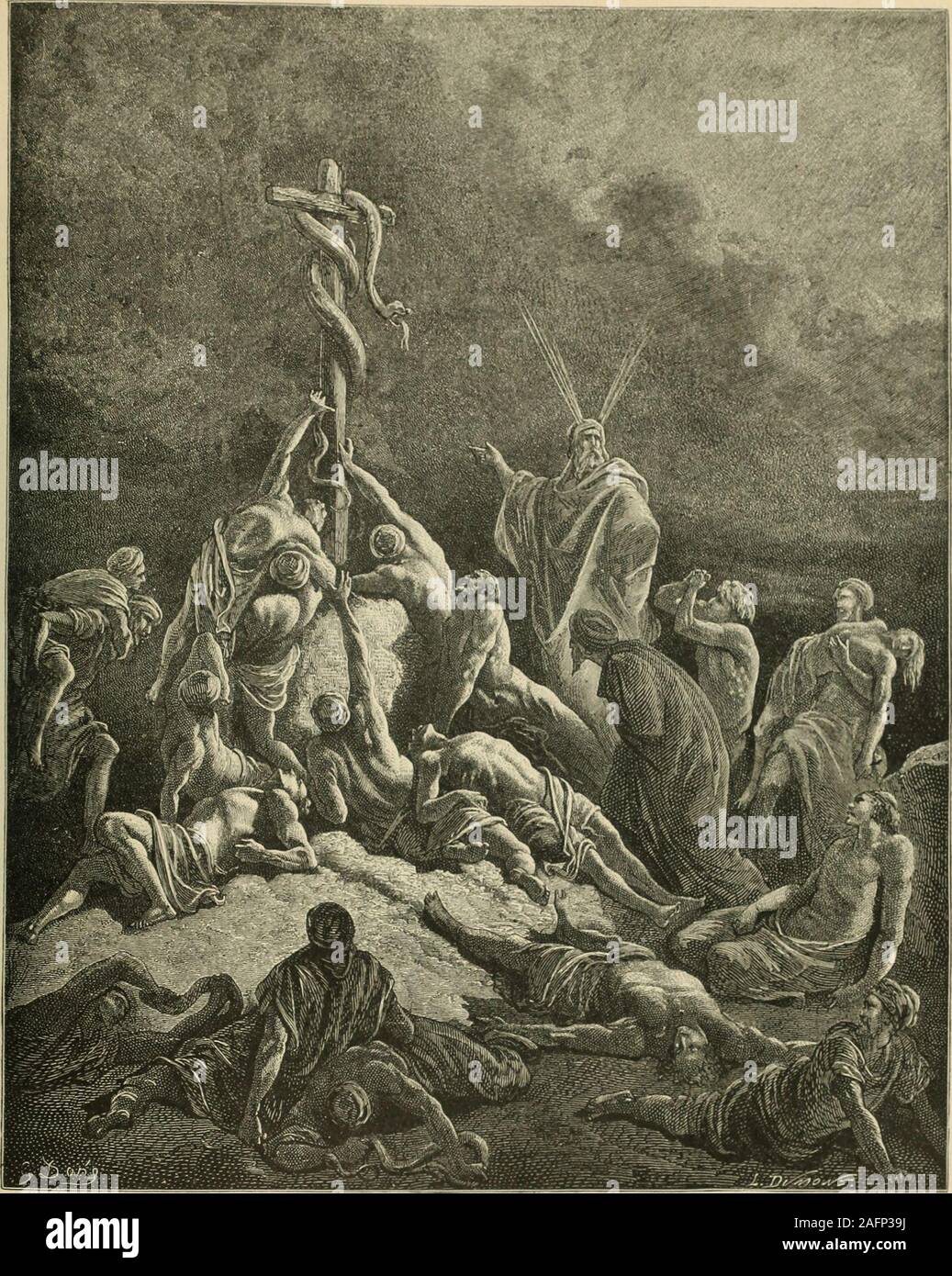 . Die Bibel Panorama, oder die Heiligen Schriften in Bild und Story. Der HERR aber ward zornig und sandte feurige Schlangen in das Lager, das bitthe Menschen, so dass viele von ihnen starben. Dann kamen sie zu Mose und sprachen: Wehave gesündigt, daß wir gegen den HERRN und gegen dich geredet haben; und theybegged Mose zu beten, dass die Schlangen von Ihnen genommen werden könnte. Und Mosesprayed für Sie; Und der Herr gebot ihm eine eherne Schlange likethose, die die Leute etwas zu machen, und sie auf die Stange zu setzen. Und wer wasbitten, sagte der Herr, wenn er an die eherne Schlange schauen würde, sollte madewell werden. Und Mose Stockfoto