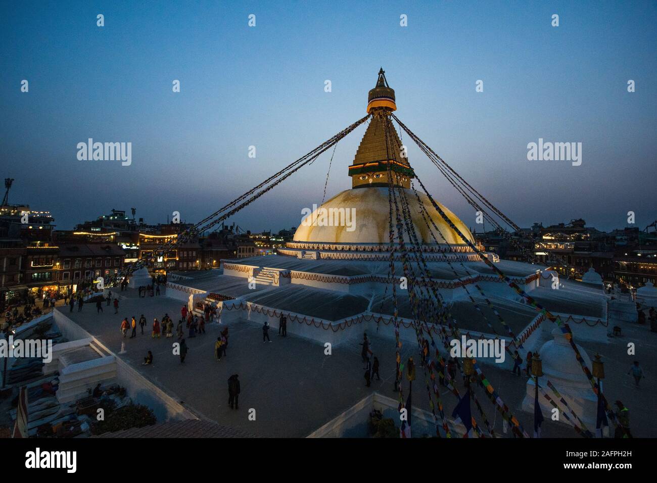 Buddha Stupa in Kathmandu bei Sonnenuntergang Stockfoto