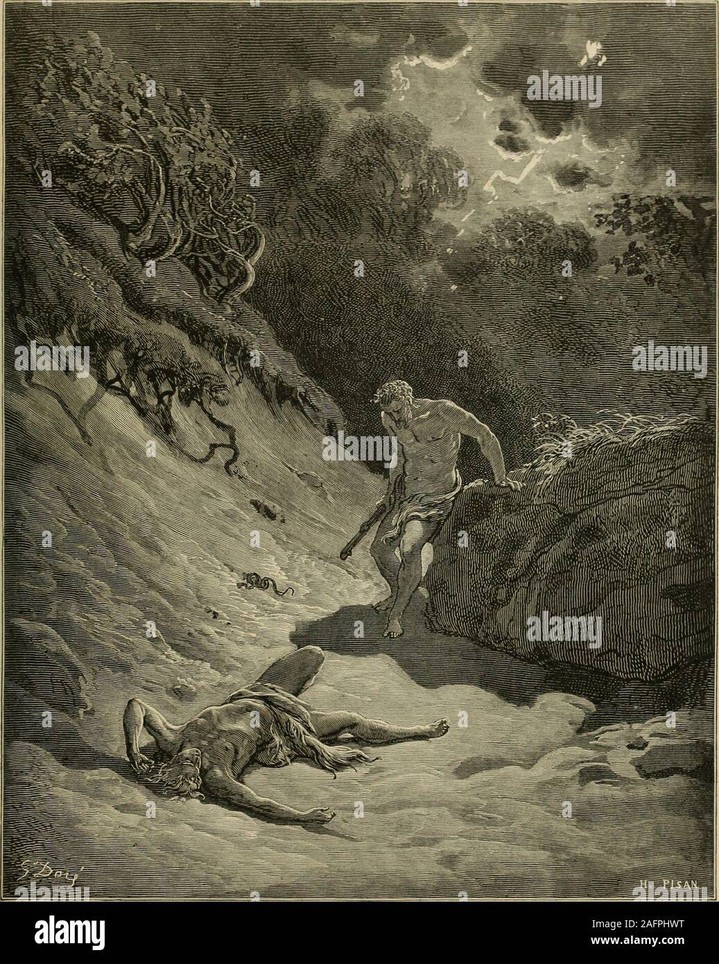 . Die Bibel Panorama, oder die Heiligen Schriften in Bild und Geschichte. unds und sank in Denboden. Nach Kain dies getan hatten, sprach Gott zu ihm und sprach: Wo ist dein Bruder Abel? Kain antwortete: Ich weiß nicht. Bin ich meines Bruders Hüter sein? YetGod sahen alle, dass Kain getan hatte und jetzt, sagte er, als Strafe für killingAbel, Kain muß unstet und flüchtig sein auf der Erde; das heißt, er shouldflee über die Erde von einem Ort zum anderen als Person, war alwaysafraid, und wer kein Zuhause zu bleiben. Gott sagte auch, dass wenn Kain etwas im Feld eingepflanzt, Lebensmittel zu tragen, sollte es nicht wachsen Stockfoto