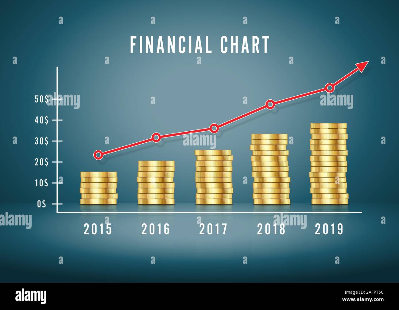 Die Tabelle oben. Infografik Grafik Geld verdienen mit Goldmünzen. Grafik Investitionen, Wachstum gold Business Markt. Vector Illustration Stock Vektor
