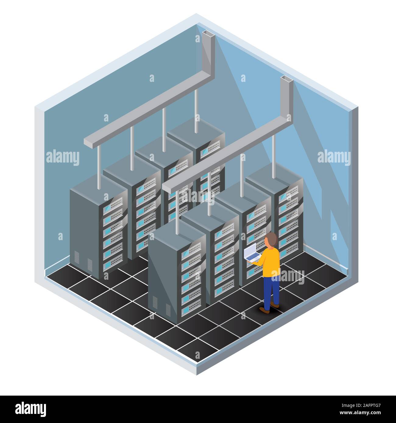 Isometrische Vektor-illustration Diagnosetest in einem Server EDV-Raum. Server Test im Zimmer. Server werden im Zimmer getestet. Technologie Kommunikation. Stock Vektor