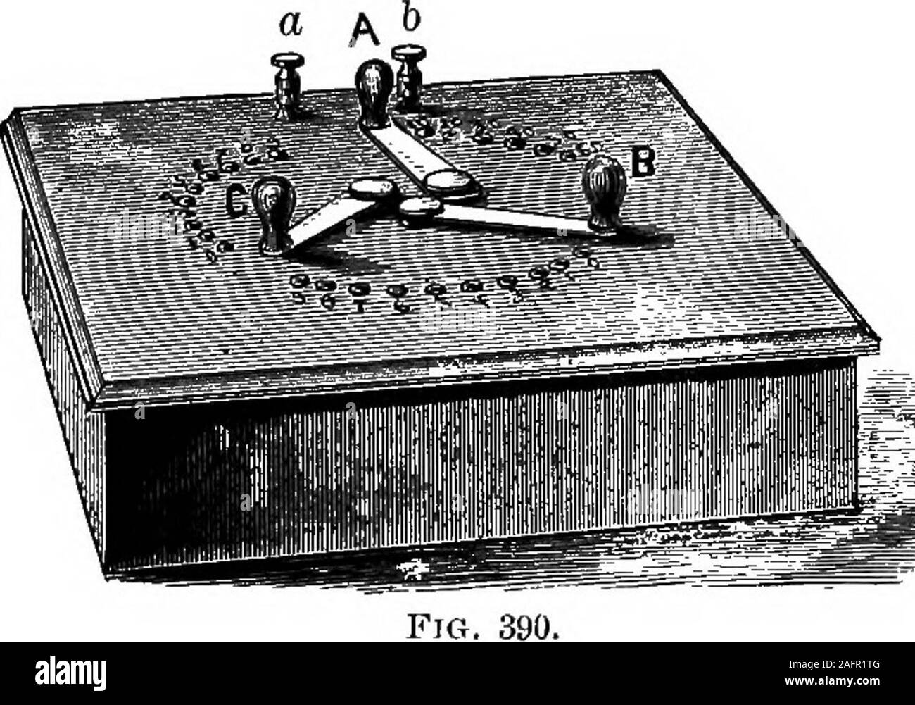 . Die Grundsätze der Physik. Er liqiiid Dirigent, sondern als thisdistance ist in der Regel Klein, bequem und ist keptinvariable, es erfordert wenig von unserer Aufmerksamkeit. Abschnitt X. MEASUBEMENT von EESISTANCE. 472. Beschreibung der Widerstand. Abb. 390 stellt eine Holzkiste mit Was ist äquivalent zu aseries der Spulen der Deutschen - Silber Draht, deren Widerstand reicht von 0,1 ohmto 100 Ohm. Ich jeden dieser Spulen ist ein Messing Bolzen auf: Der box connectedwith. 3. Schalter, A, B und C, also das Spulen mit der bind-ing Schrauben a und 6 sentthrough thata Aktuelle können drei beliebige werden Stockfoto