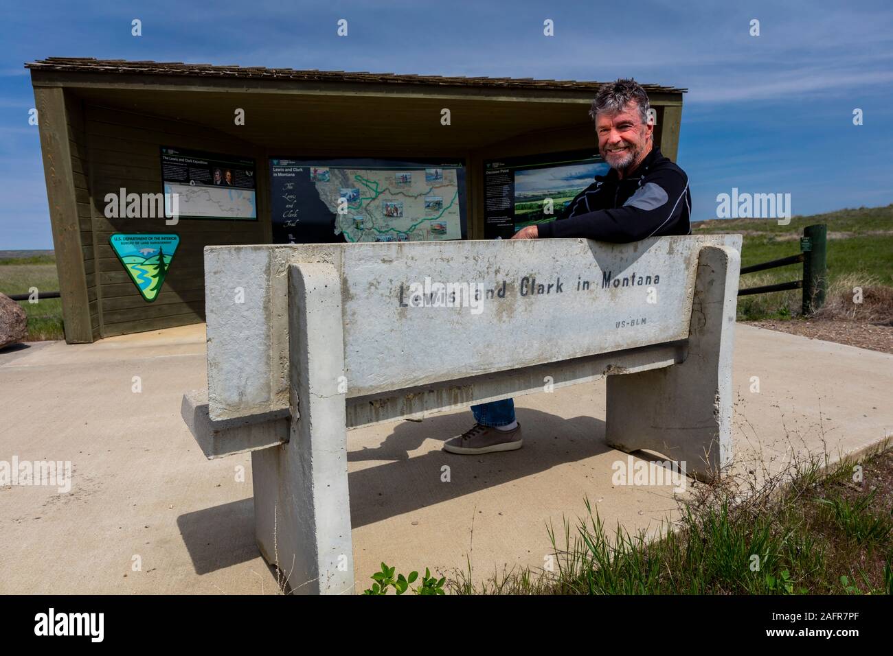 Mai 22 Missouri Breaks, Lewistown, MT, 2019, USA - Bill Terry bei Lewis und Clark's 'Decision Point' am Zusammenfluss von Marias und Missouri River Stockfoto