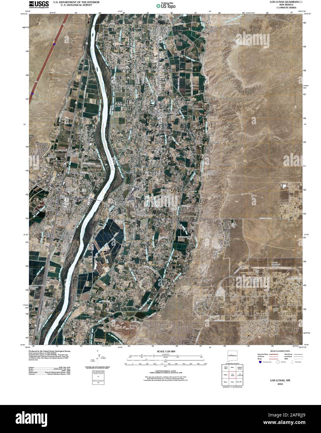 USGS TOPO Karte New Mexico Los Lunas NM 20100929 TM Wiederherstellung Stockfoto