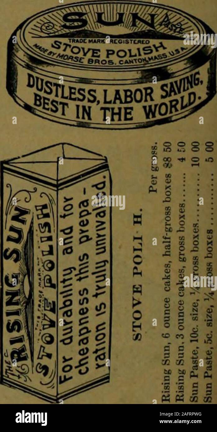 . Kanadische Lebensmittelhändler Juli-Dezember 1896. Nr. 8 Vi Nr. 10 S. O. French Dressing. 7, 1 oder 2 dtz. in Box... nein. 4,1 oder 2 dtz. in Box... 4 50 .. 7 25 .. 8 25 pro Doz ... " 2 00 .. 1 25 pro Brutto.. 900 KRONE PARISER DRESSING SCHWARZ bKAU. Reckitts schwarze Leitung, pro Schachtel 1 $ 15 Jede Box enthält entweder 1 Grob, 1 oz., % gro, 2 oz, oder % gro. 4 oz. pro Gr. Silver Star Herd einfügen 9 $ 00 Dixons StovePolish Carburet aus Eisen, 70 c Doz 7 2 WISSENSCHAFTLICHE EINBRENNLACK. Brutto. Wissenschaftliche Einbrennlack 7 50 Wissenschaftliche Stove Pipe Lack 9 00 Wissenschaftliche Möbelpolitur BLAU. KEENS OXFORD. 1 lb. Pakete Virginia. lb. Reckitts Square Stockfoto