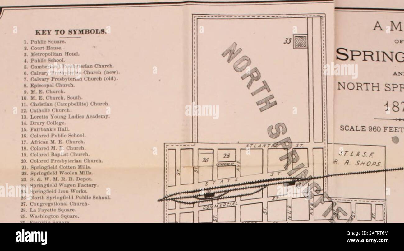 . Geschichte und Verzeichnis von Springfield und North Springfield. 7. CaUary PrMbnerian Cborcb (alt). 8. EpUcopftl Chureb. 9. M. E. Charcb. 10. H. E-Kirche. Süden. 11. "Nummer-asropbcUIte Cbii) Kirche. 12. Calhfjilr-Chtirch. 13. Lor" * tto Vniinft Lwlle * Akademie. U, Urnry (&gt; tllp (["-lA. Fatrl. ankK Uall. 16. Farbige öffentliche Schule. 17. AfHcan M. E. Kirche. ist. Farbige M. E. Churrh. 19. Farbige Baptist Church.30. Farbige Frld öffentlichen Sahool. 17. Conjfrfjfiitlonnl Kirche. 28. La FayelH *.H * | Ich "rc. 29. Wa&lt; hin^n Squ 30. Franklin Square. 31. 8 Ich. I.. Ein S.K. Güterbahnhof. 32. Ht. L. EIN S.K. Pawenger Depot. 83 Stockfoto