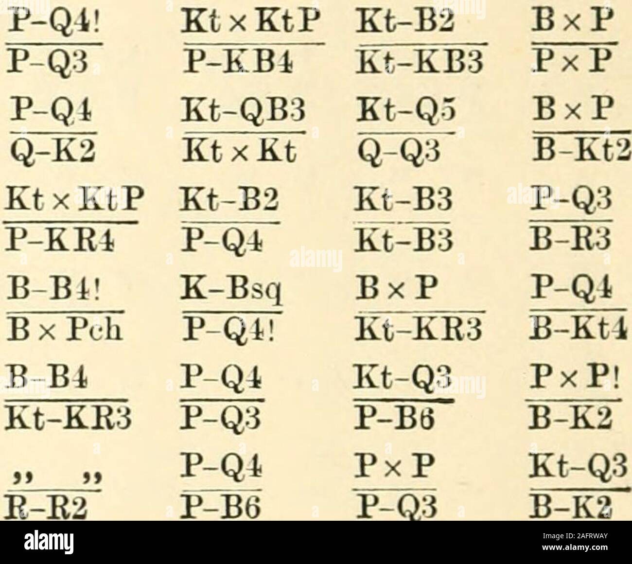 . Tasche der Schachspieler - Buch- und Handbuch der Öffnungen. 9. Könige Ritter Gambite P-KB 4 Kt-KB3P-KR4 PxP P-KKt 4 P-KT5 S-fortgesetzt. (33. ] Seiten] Kt-K5 BlKt 2! Kt X KtPP-Q4! Kt-B2! Kt-K2 PxP 0-0" "P-Q 4 Kt-KB3! Kt-QB3 P-Q3Kt-Q3 Kt-R4"""" BxPP-Q 3 Kt-Bi KtxP". KtxKtPKtxP BxPQ-K2""",. B-QB4 P-Q 4 PxP 0-0! ""., "B-Q3P - Q3 Kt-Bi Kt-E4&gt; "JJ B-B4P-Q 4 PxPB-Q3P - Q4 Kt-KB3! Kt-E4?" "KtxKtPKtxP P-Q3 Kt-Kt 6 BxPKtxK". &Gt; "KtxKtP P-Q 4 Kt-B2 KtxP Kt-Kt 6 0-0 B-K2Kt-B4 Kt-Kt 6* E-R 2 0-0 * P-Q3B-K2xPch Q-KT4 B-Q 3 Q-K2Q-K2P-KBi* Q-K2 BxP P-B3P-KRl* BxPKtxP BxKtQxB * P-B3 QKt-E3 Kt-QB3 0-0* kt-QB3 Stockfoto