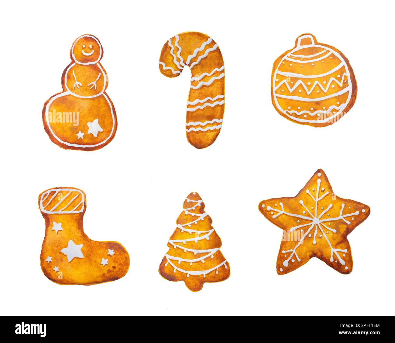 Handgezeichnete Aquarell-Zeichnung von Weihnachten Lebkuchen Schneeflocke Stern Schneemann Baumstrumpf auf weißem Hintergrund, isoliert Stockfoto