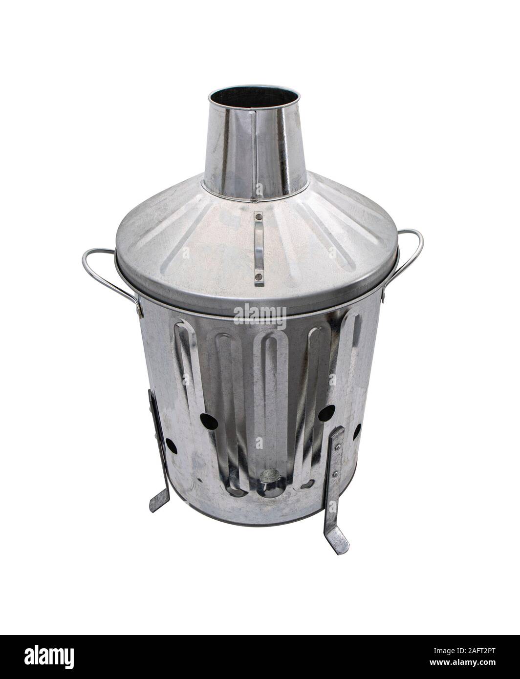 Verzinkte Garten Verbrennungsanlage Bin auf weißem Hintergrund Stockfoto