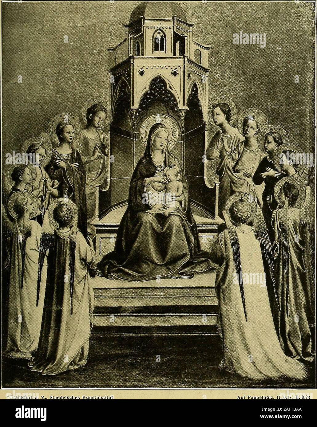. Die Arbeit von Fra Angelico da Fiesole reproduziert in drei hundert und siebenundzwanzig Illustrationen. Fiesole, San Domenico, Kapitel-Saal Fresko, H. 3,6S, B. 2,50 KruzifixusChrist am Kreuz zwischen 1420 und 1430 Le Christus en Croix 10. ? Frankfurt a. M., Staedelsches Kunstinstitut in Pappelholz, H. 0,37, B. 0,2! Madonna mit dem Kinde und EngelnMadonna mit Kind und Engeln Zwischen 1420 und 1425 La Vierge avec lEnfant et des Anges / einer Aufnalime von F. Bruckmann A.-G-, MQnchen 11. Stockfoto