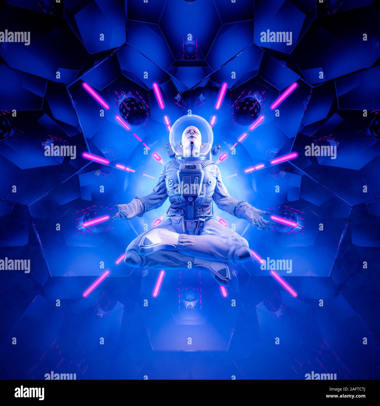 Neon zen Astronaut/3D-Darstellung der science fiction Szene mit Meditieren Astronaut im Weltraum schweben Anzug vor der leuchtenden Neonröhren Stockfoto