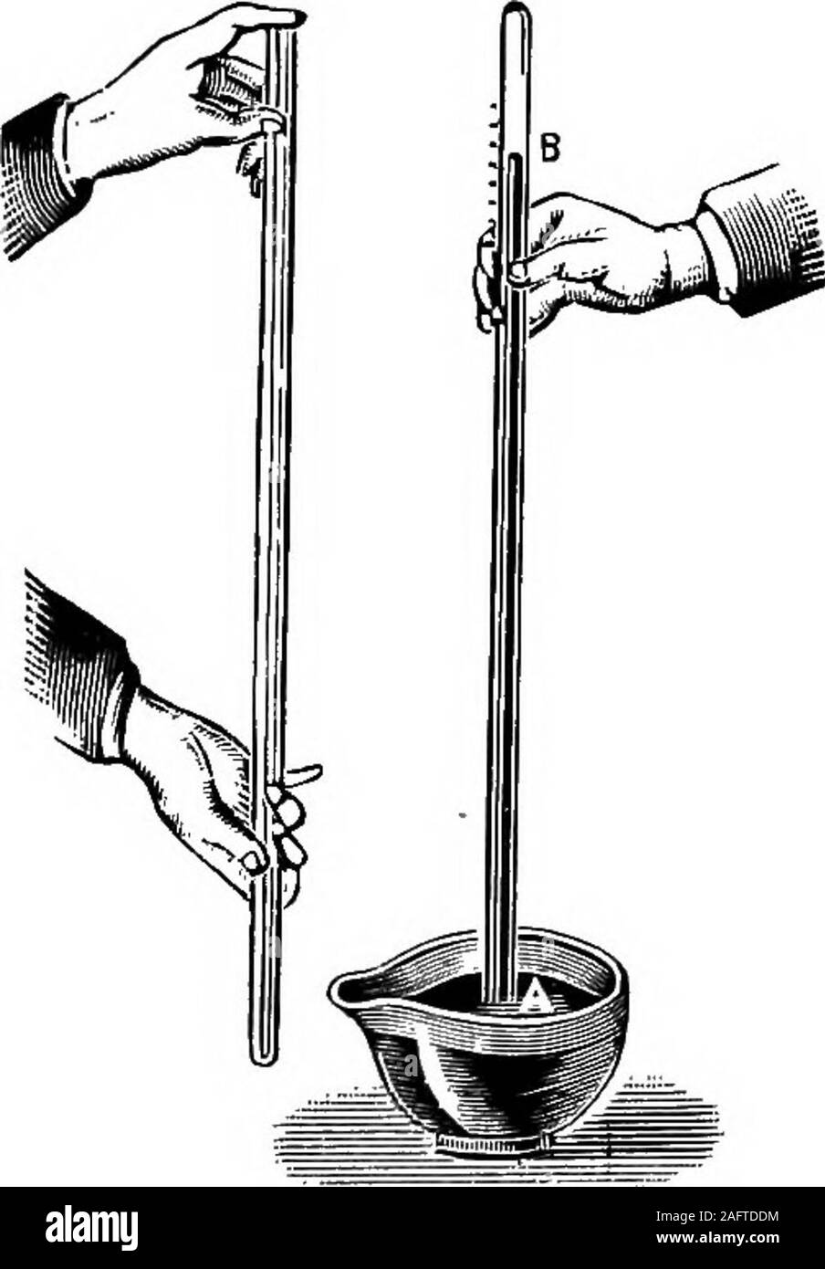 . Die Grundsätze der Physik. Abb. 126. 158 MOLARE DYNAMIK. Ein Druck von 15 Pfund pro quadratischer Zoll ist ziemlich generallyadopted durch Ingenieure als Einheit von gasförmigen Druck und iscalled eine Atmosphäre. Physiker, jedoch generell measurepressure in cm oder mm Quecksilber bei 0 °C, das heißt die Höhe in m, m von Quecksilber, dass der Druck der Atmosphäre im Rohr trägt.. Abb. 127. 131. Das Barometer. - Die Höhe des Col-Umn von Quecksilber durch atmosphärische Pres unterstützt - sie ist ziemlich unabhängig von der Umgebung, der thesurface des Quecksilbers auf gedrückt; daher theapparatus ist bequemer Stockfoto