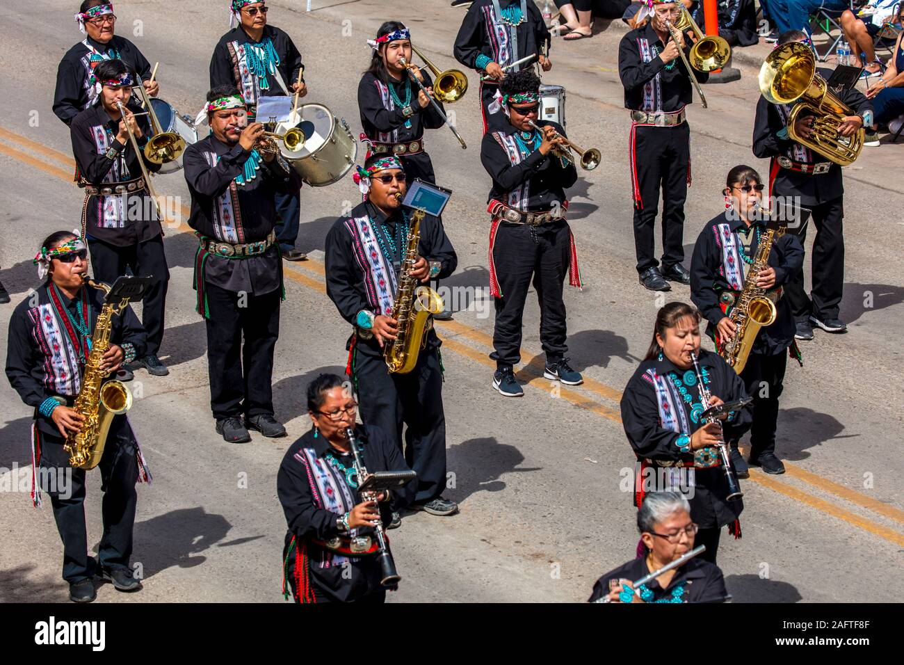 AUGUST 10, 2019 - Gallup, New Mexico, USA - Marching Band an 98th Gallup Inter-tribal Indian Ceremonial, New Mexico Stockfoto