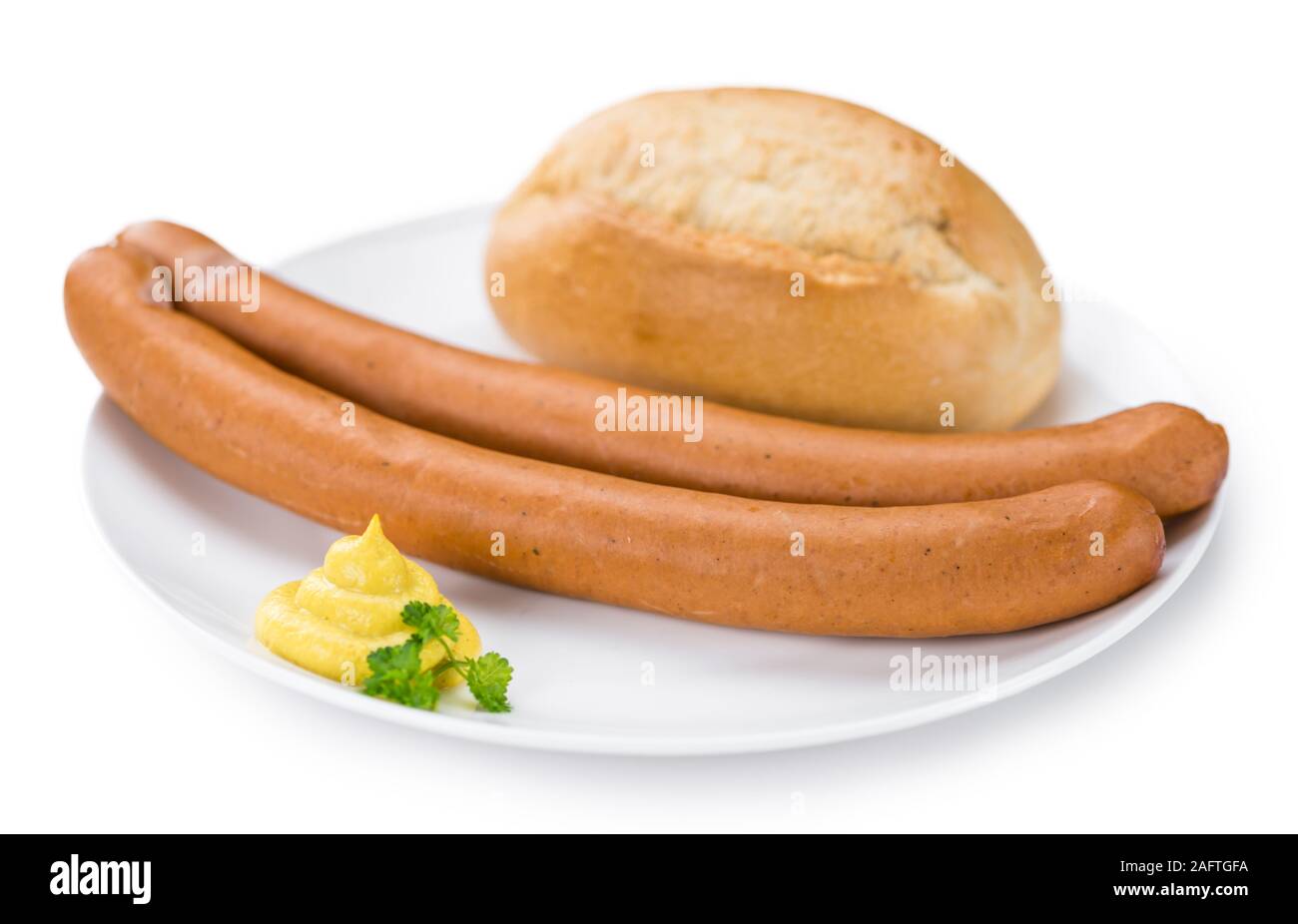 Teil der Wiener Würstchen (Nahaufnahme) auf weißem Hintergrund Stockfoto