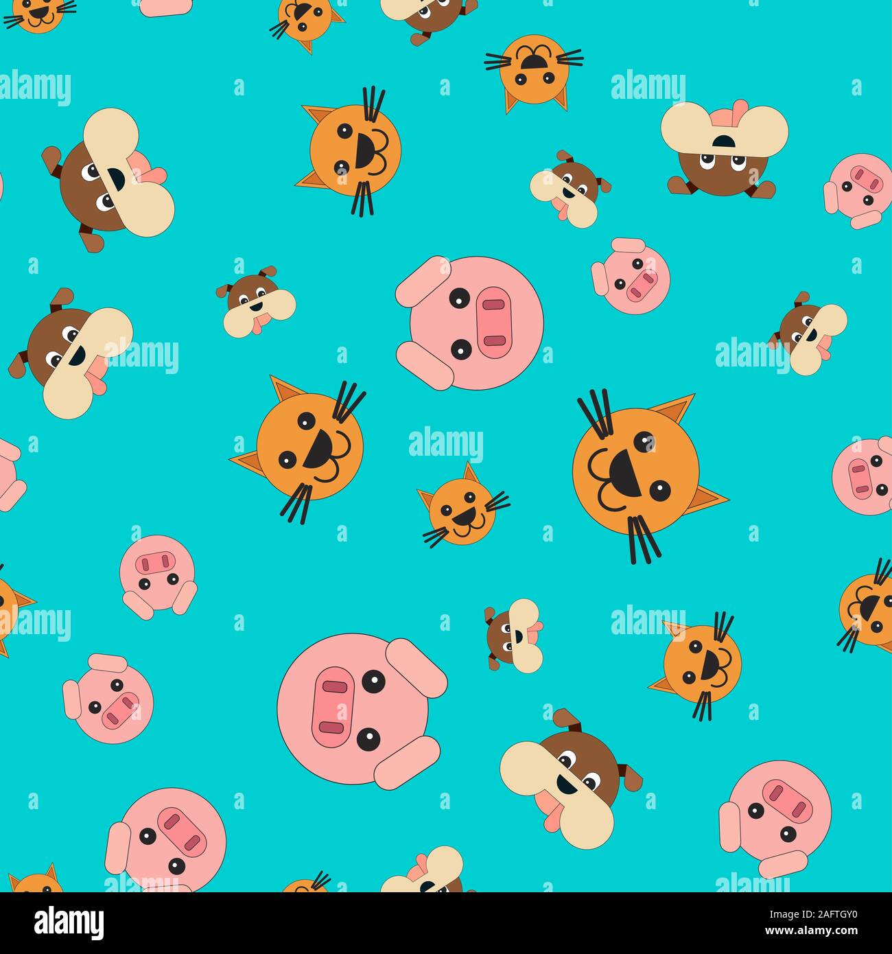 Nahtlose Muster von Schwein und hund katze Köpfe. Abbildung im Cartoon Stil auf einem farbigen Hintergrund. Stockfoto