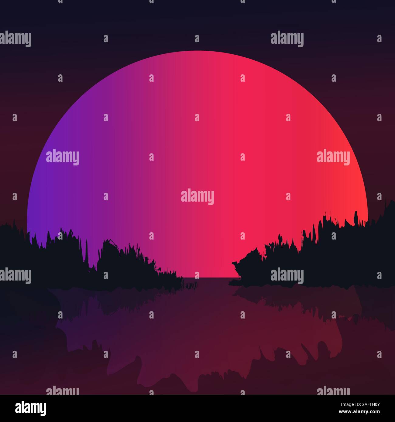 Landschaft Der große Mond über dem See. Nacht der Roten Mond mit Reflexionen auf dem Wasser. Vector Illustration Stock Vektor