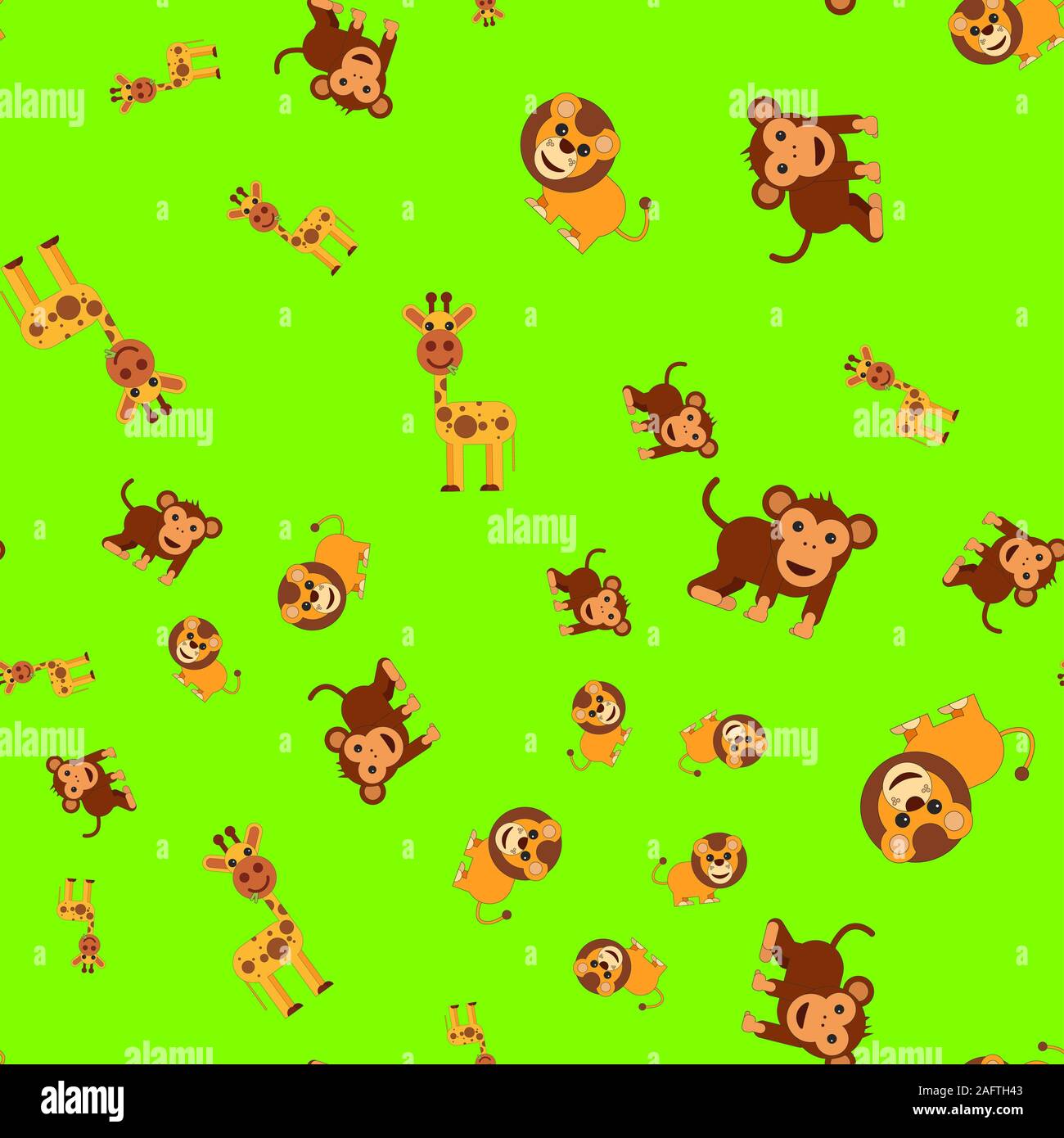 Nahtlose Muster der Giraffe Löwe und Affe. Abbildung im Cartoon Stil auf einem farbigen Hintergrund. Stockfoto