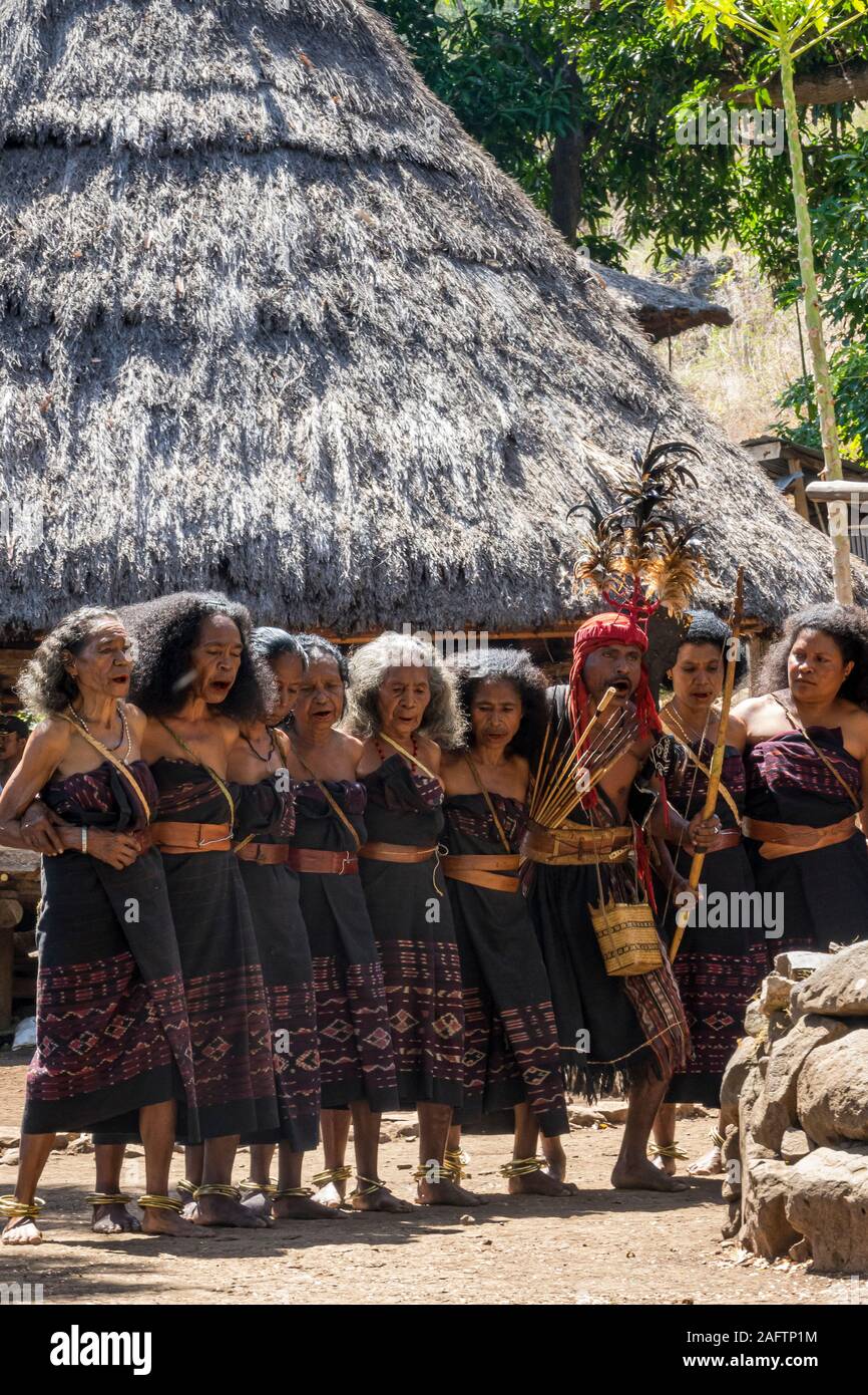 Traditionell gekleideten Stamm Mitglieder bei Takpala Dorf, Kalabahi, Indonesien Stockfoto