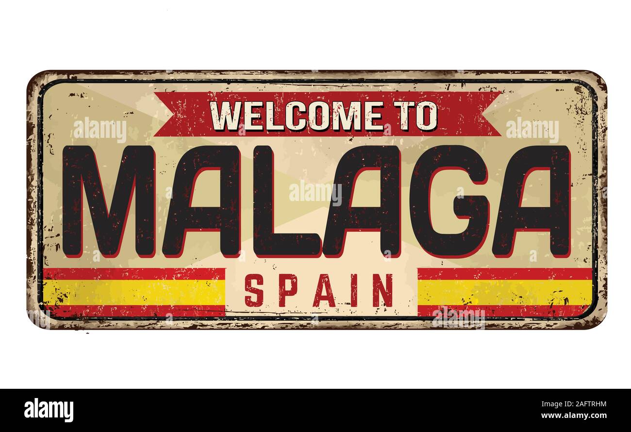 Nach Malaga vintage rostiges Metall Zeichen auf weißem Hintergrund Willkommen, Vector Illustration Stock Vektor